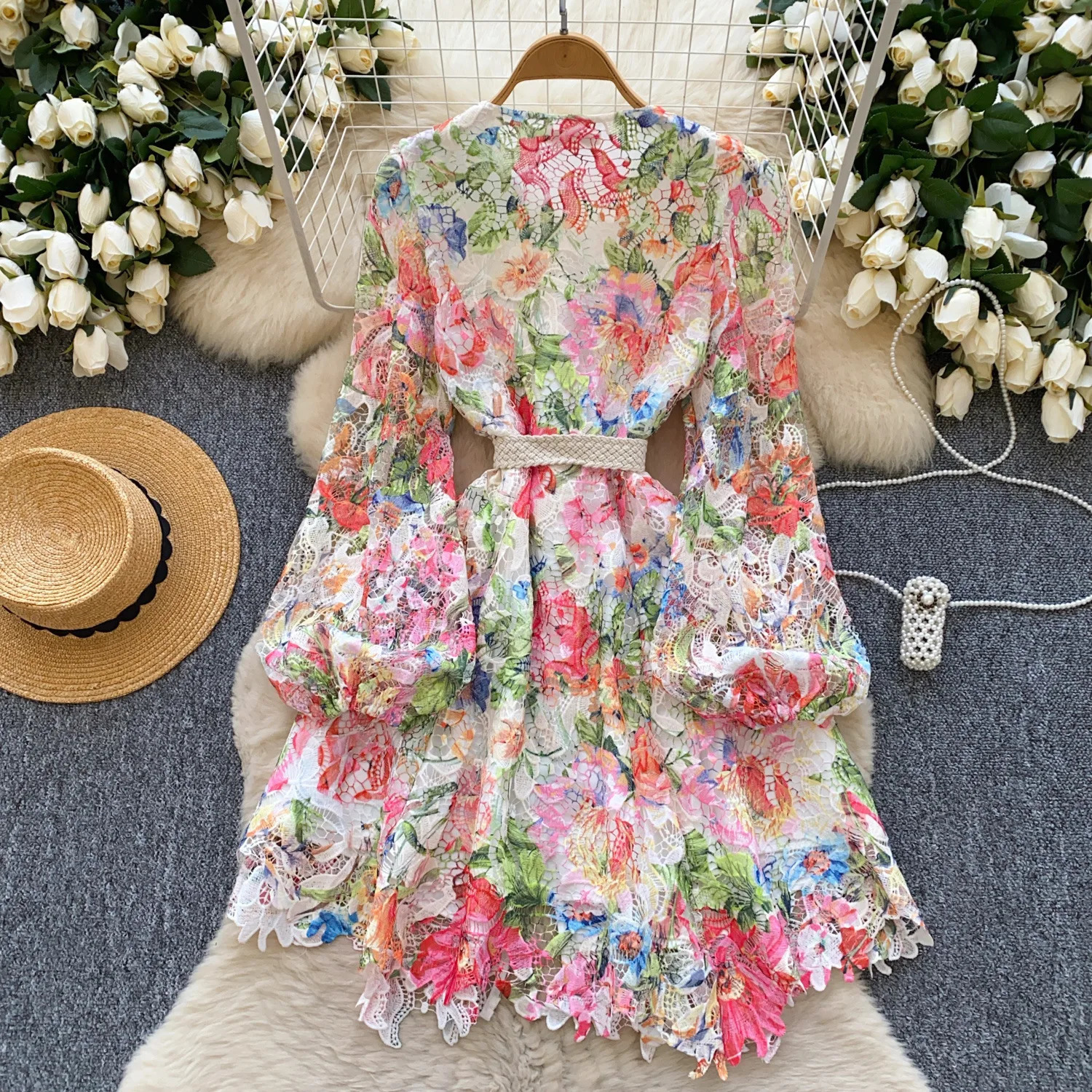Elegant Hollow Out Short Evening Dresses Women Summer Autumn Holiday Long Lantern Sleeve Fancy Flower Party Dress Shirt 250322