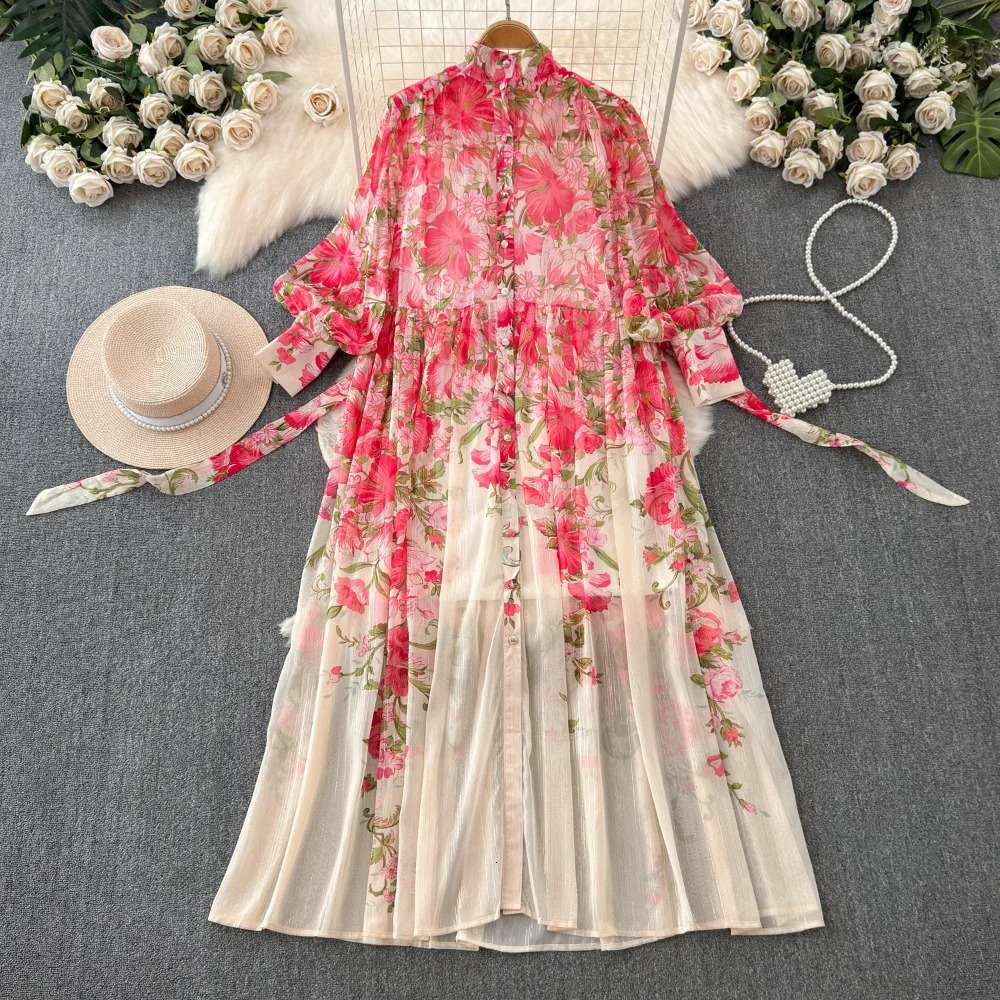 Neploe Sweet Print Lace Up French Style Femme Robe Stand Collar Lantern Sleeve Slim Fit Mujer Chiffon Ruched High Waist Dresses 250322