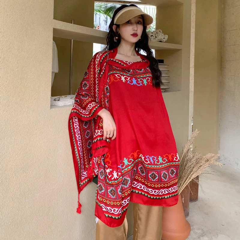 Women Ethnic Shawl Scarf Beach Desert Sunscreen Silk Scarves Red Big Bandelet Female Travel Po Dual-use Sunshade Coat 250318