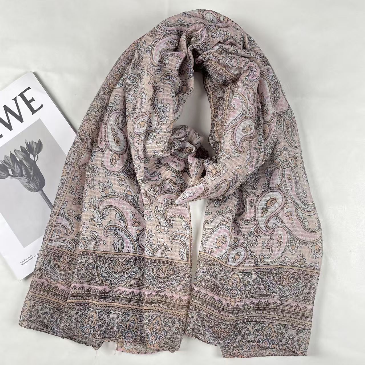 T341 new spring and autumn cotton and linen feel printed scarf thin gauze scarf retro floral long scarf