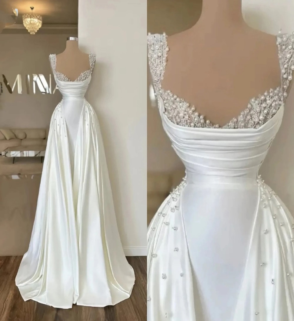 Prom Dresses Party Evening Gown Formal Mermaid Sweetheart Sleeveless Satin White Ivory Custom Plus Size Zipper Lace Up New Pearls