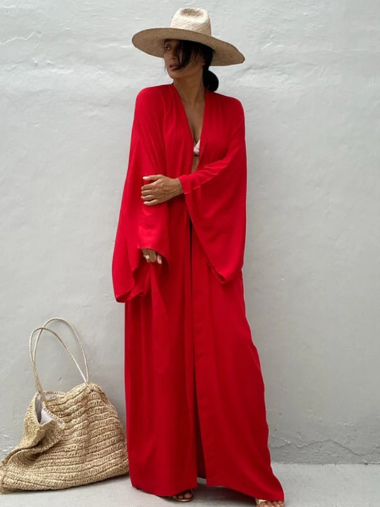 Solid beach cover womens self waistband wrapped kimono dress swimsuit summer beach wear factory supply 250318