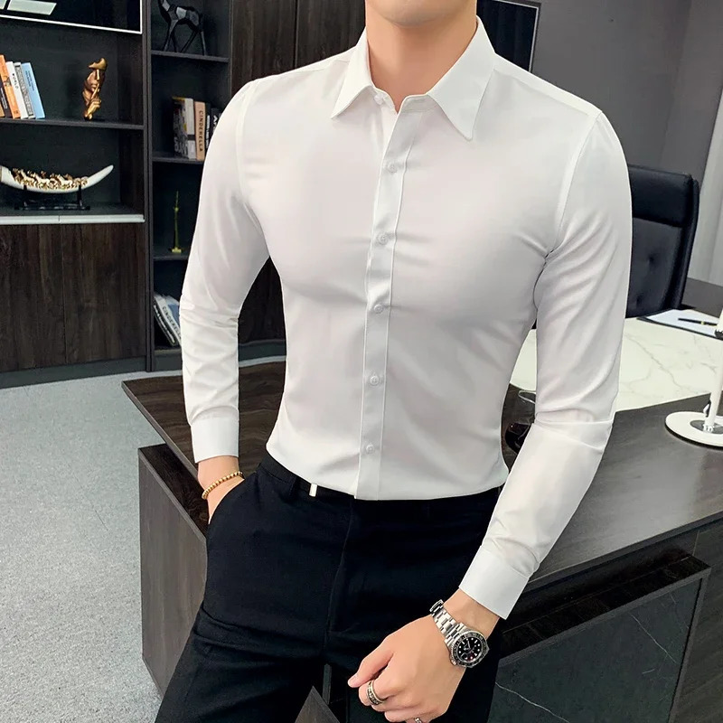 Plus Size 7XL-S Long Sleeve Shirt For Men Formal Business Solid Slim Fit Shirts High Quality Homme Social Casual Shirt 250321