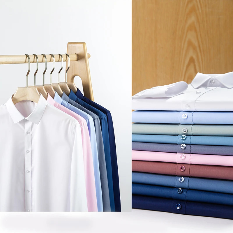 Fashionable blue black white mens dresses long sleeved shirts classic solid bamboo fabric mens social office shirts 250321