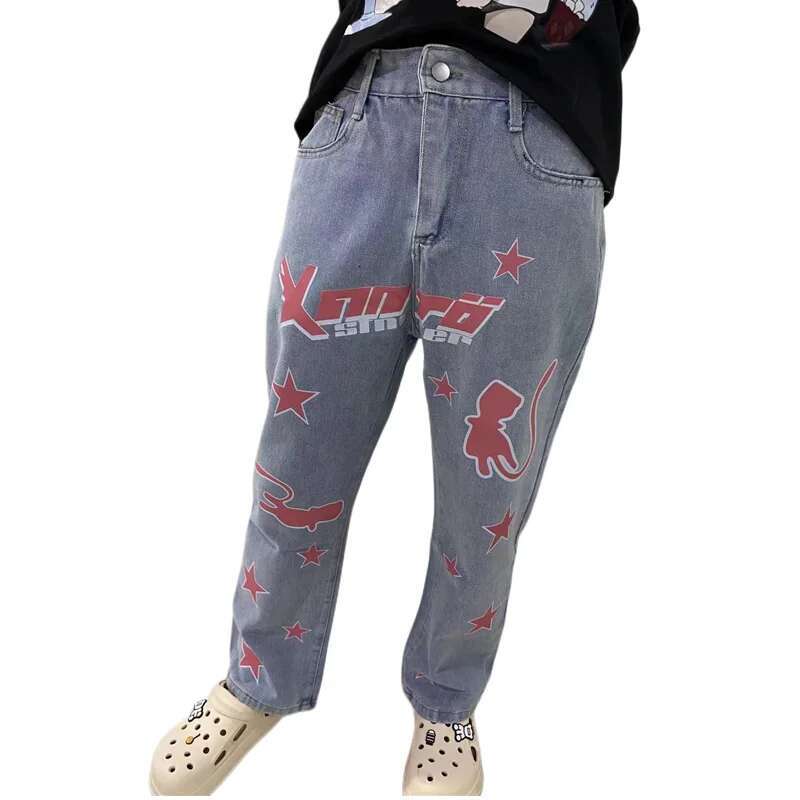 Pentagram Letter Print Jeans 2022 American Hip-Hop Street Couple Retro Loose Fashion Washed Straight Pants Tide Brand Hot Sale