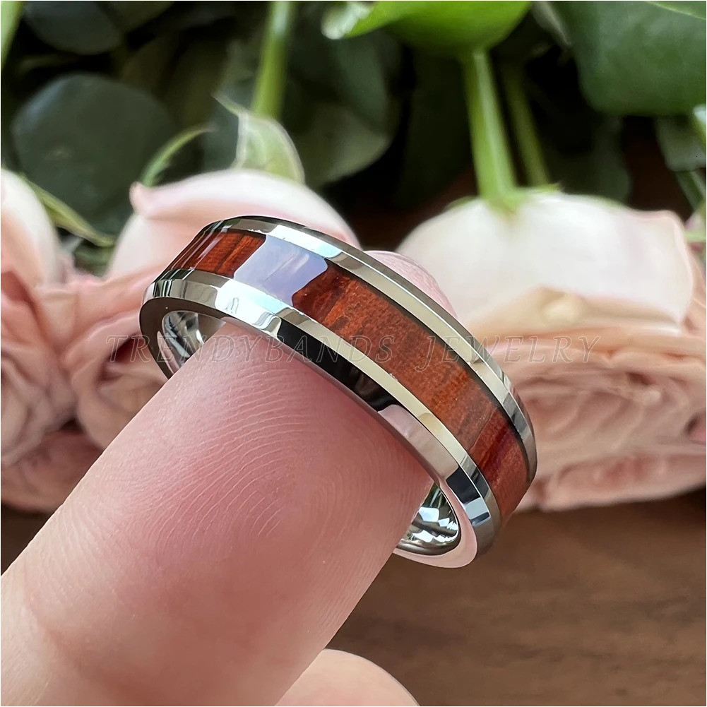 6mm Koa Wood Inlay Tungsten Carbide Ring for Women Men Fashion Engagement Wedding Band Beveled Comfort Fit 250319