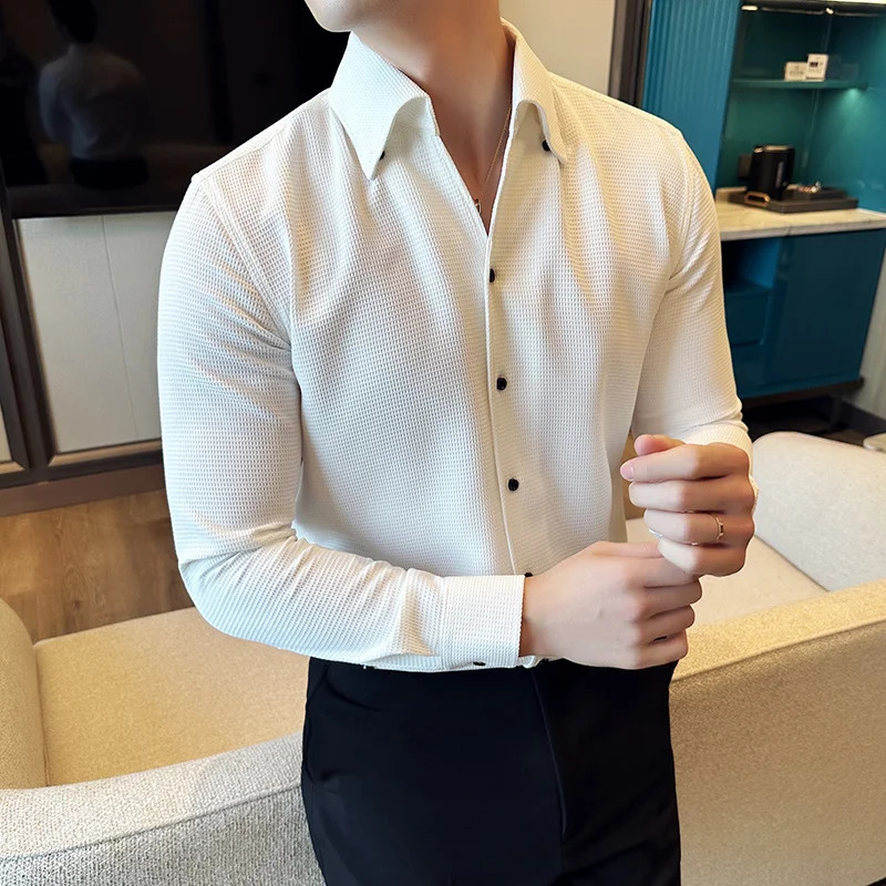 Autumn solid color waffle shirt mens slim fit V-neck long sleeved casual business formal dress social party streetwear 4XL 250321