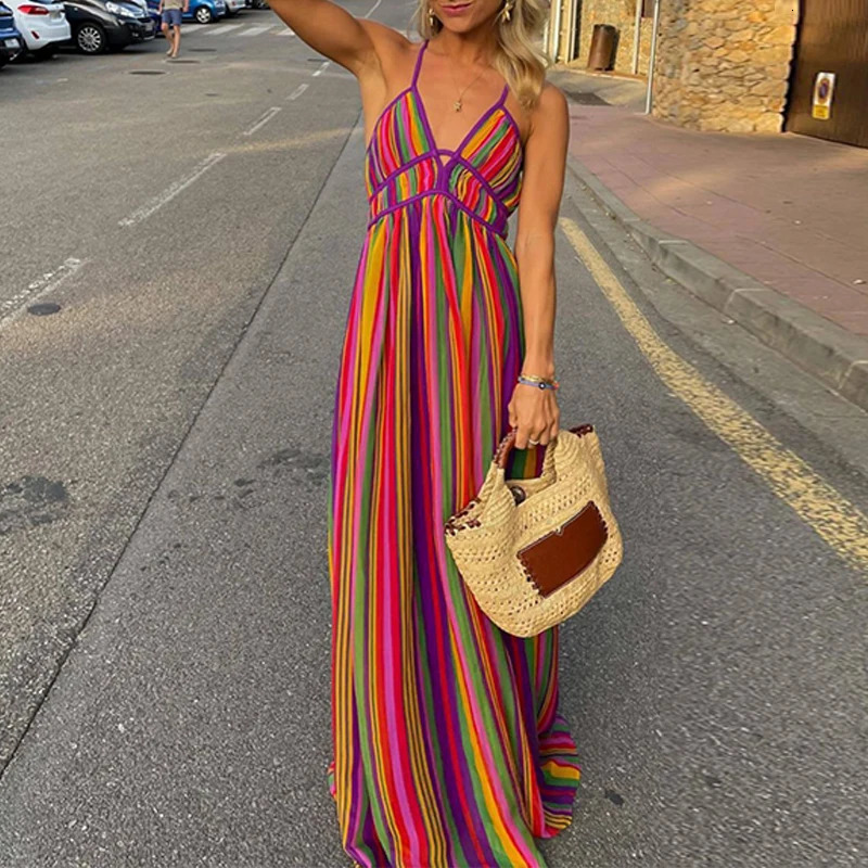 Sexy Ladies V-neck Sleeveless High Waist Long Dress Fashion Hollow Backless Bohemian Dresses Summer Beach Colorful Stripe Dress 250322