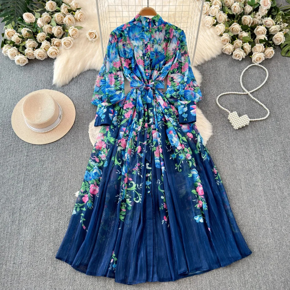 Neploe Sweet Print Lace Up French Style Femme Robe Stand Collar Lantern Sleeve Slim Fit Mujer Chiffon Ruched High Waist Dresses 250322