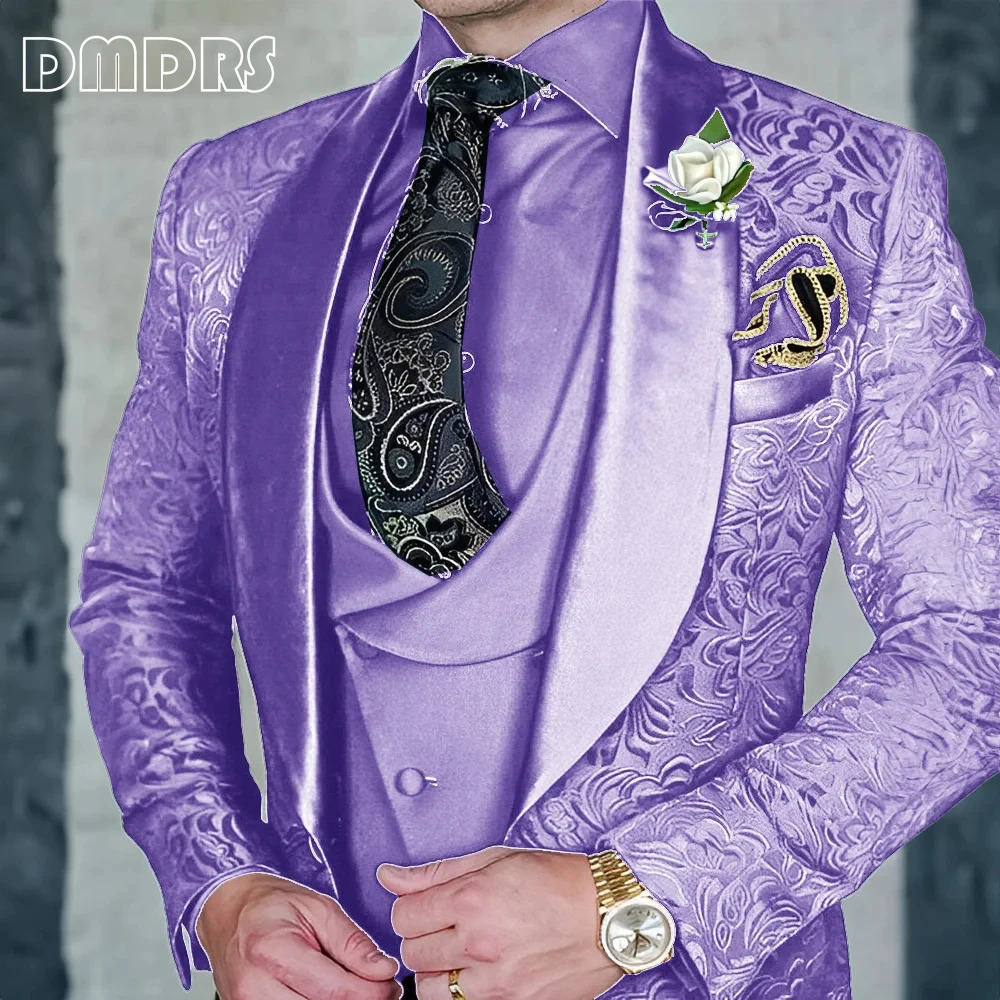 Jacquard mens 3-piece formal party dress grooms tailcoat high-quality elegant mens custom set 250321