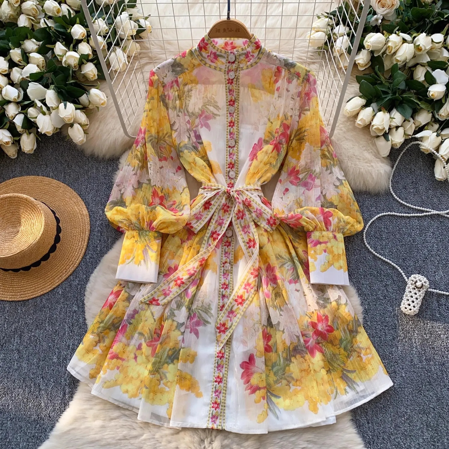 Summer Runway Gorgeous Flower Bright Slik Chiffon Dress Women Stand Long Lantern Sleeve Floral Print Lace Up Boho Robe Vestidos 250322