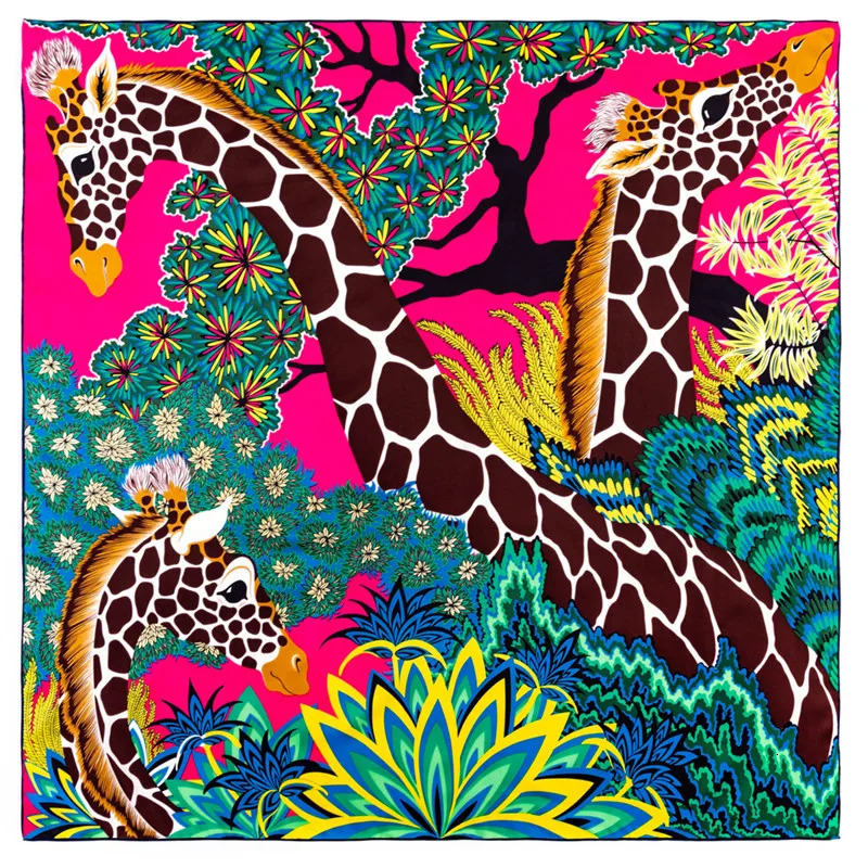 POBING Twill Silk Scarf Women Three Giraffes Square Scarves Manual Hand Rolled Echarpes Foulards Femme Wrap Bandana Hijab 90CM 250321