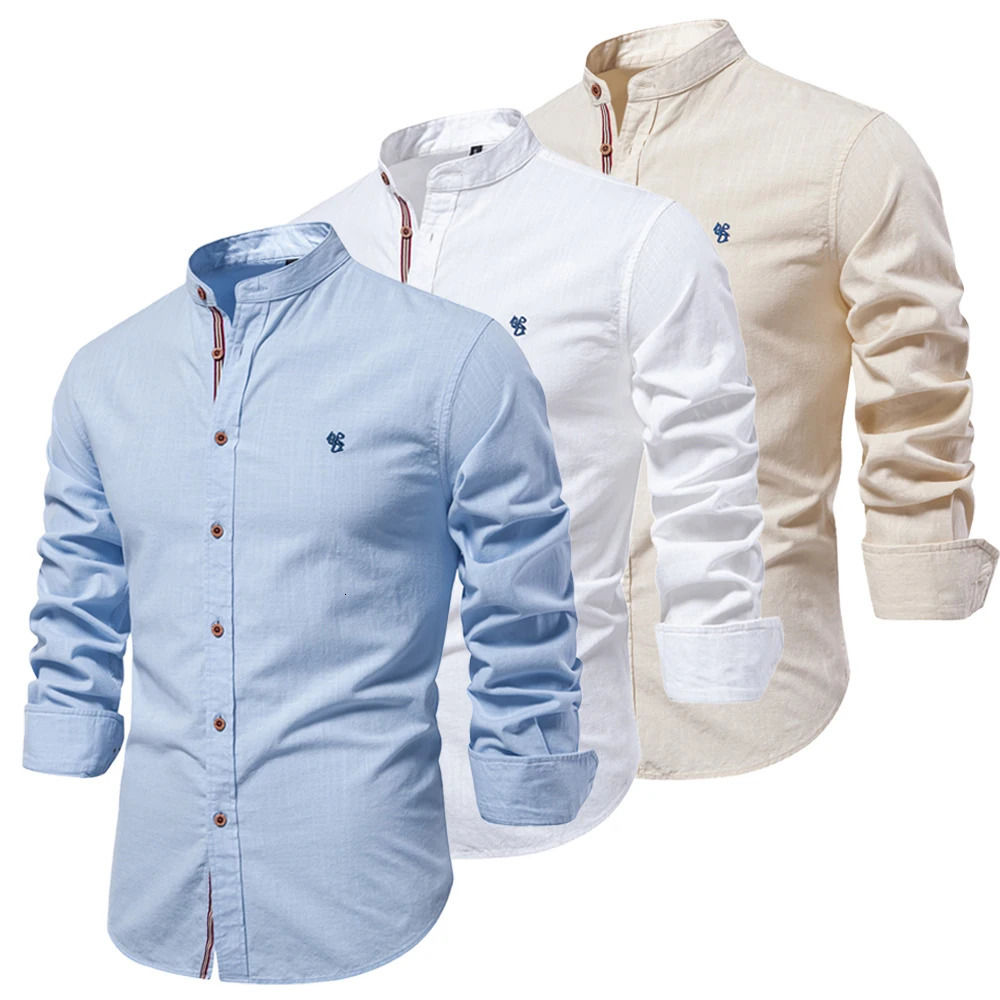 100% Cotton Linen Shirt Men Solid Color Embroidery Shirts Blouses High Quality Long Sleeve Button Down Casual Tops 250322