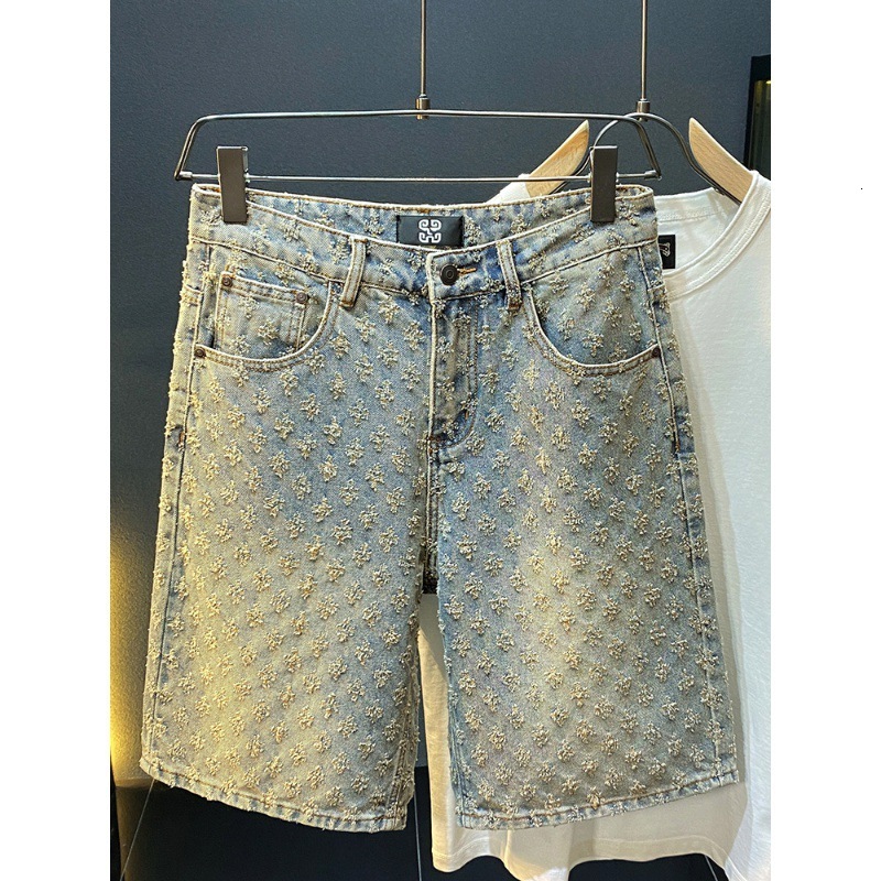 2025S Fashion Designer American Style Scratch Off Trend Brand Cool Denim Shorts For Men Loose Straight Leg Casual Cropped Shorts Men S Summer Thin Des