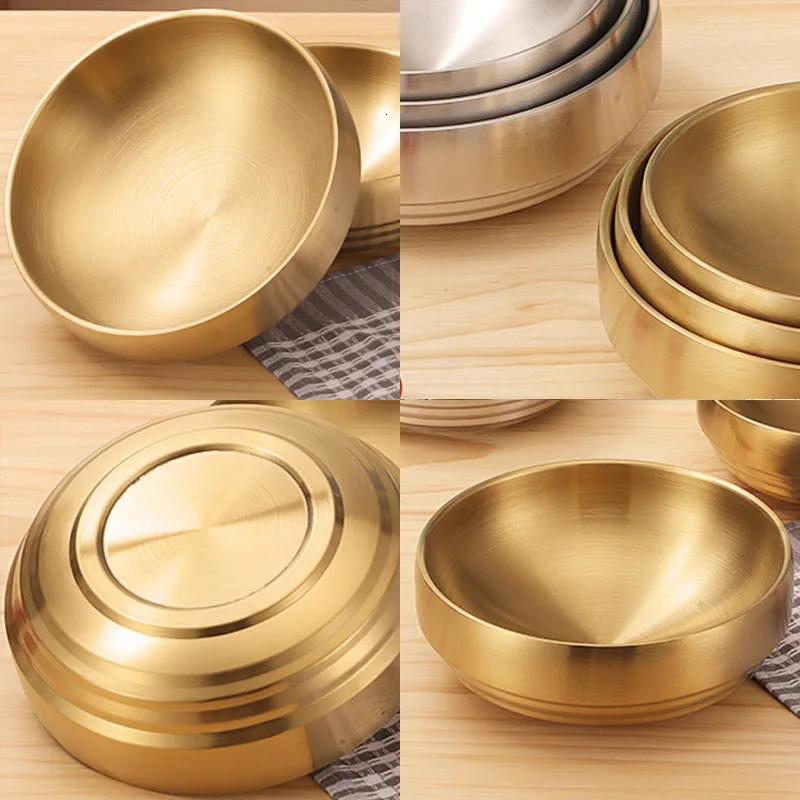 304 Stainless Steel Double Layer Cold Noodle Bowl Gold Silver Korean Style Anti-scald Large Salad Soup Bowls Kitchen Utensils 250314