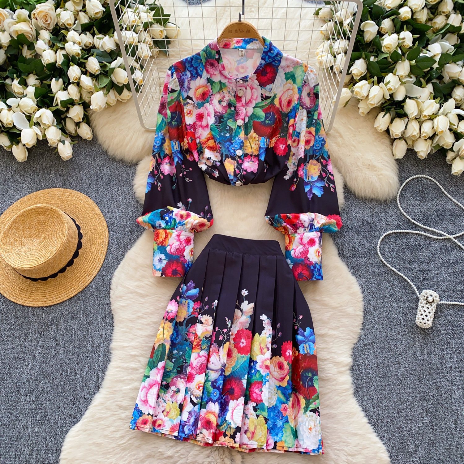 Two Piece Dress Floral Vintage 2 Piece Sets 2025 Women Clothing Long Lantern Sleeve Blouses High Waist Pleated Skirt Suit Chic Summer Outfits
