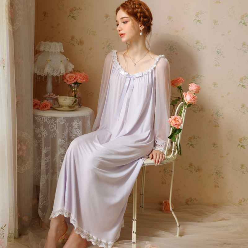 X203 Spring and Autumn Long Sleeve French Lace Home High-end Sexy Pajamas Sweet Girl Long Dress