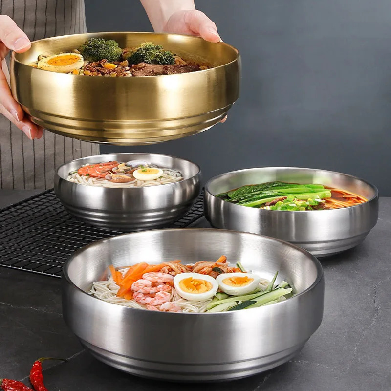 304 Stainless Steel Double Layer Cold Noodle Bowl Gold Silver Korean Style Anti-scald Large Salad Soup Bowls Kitchen Utensils 250314
