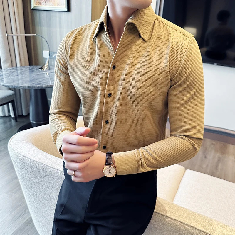 Autumn solid color waffle shirt mens slim fit V-neck long sleeved casual business formal dress social party streetwear 4XL 250321