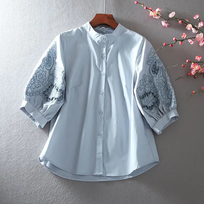 Cotton hollow embroidered womens shirt summer loose retro collar temperature lantern sleeves 250318