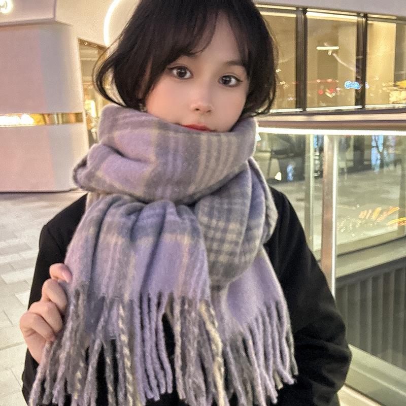 K205 Grapes and peaches ~ Yuanzili* atmosphere thickened plaid scarf versatile warm tassel neck scarf autumn and winter