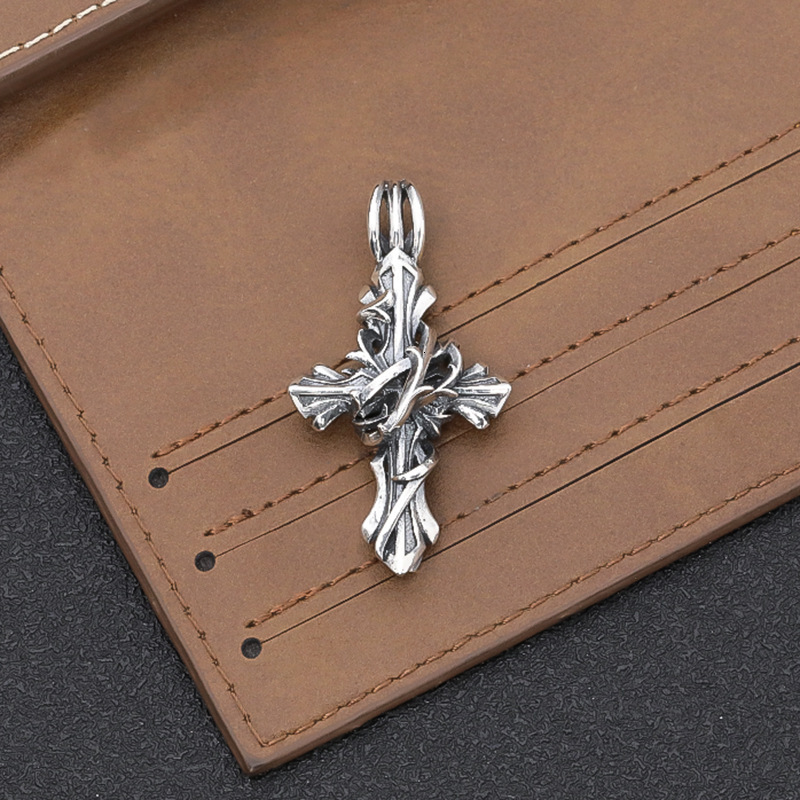 S925 Sterling Silver Vintage vine Cross Necklace Pendant mens and womens street personality trend Pendant