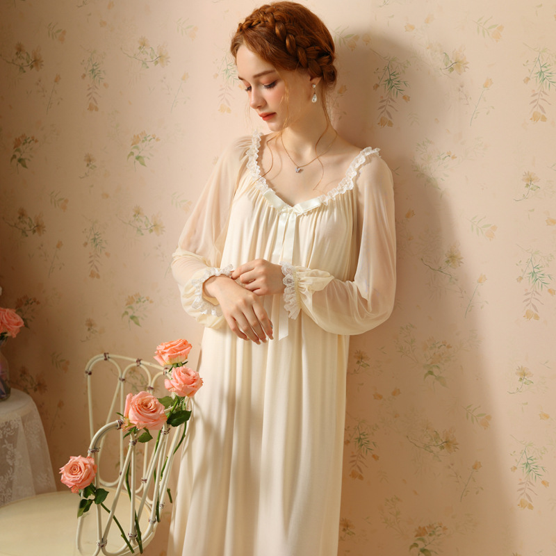 X203 Spring and Autumn Long Sleeve French Lace Home High-end Sexy Pajamas Sweet Girl Long Dress