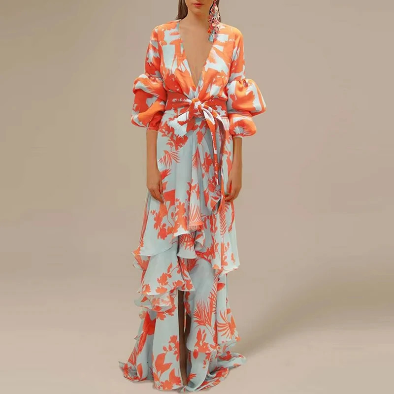 Women Retro Print Ruffle Party Dress Elegant Deep V-neck Lantern Sleeve Long Dress Fashion Tie-up Waist Irregular Bohemian Dress 250322