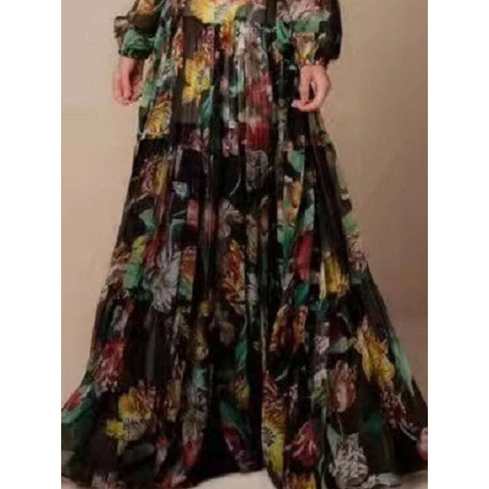 Women's Lantern Retro Long Sleeve Ral Printing Slim Stand Collar Elegant Shirring Vintage Button Spring Dress