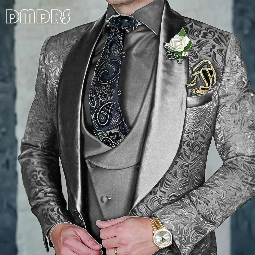 Jacquard mens 3-piece formal party dress grooms tailcoat high-quality elegant mens custom set 250321