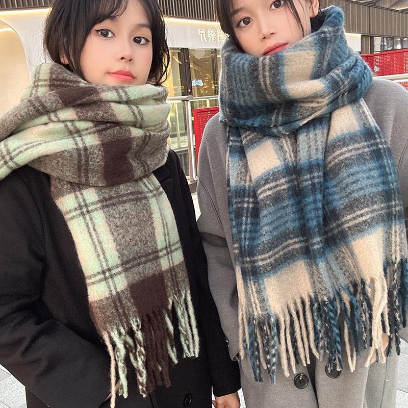 K205 Grapes and peaches ~ Yuanzili* atmosphere thickened plaid scarf versatile warm tassel neck scarf autumn and winter