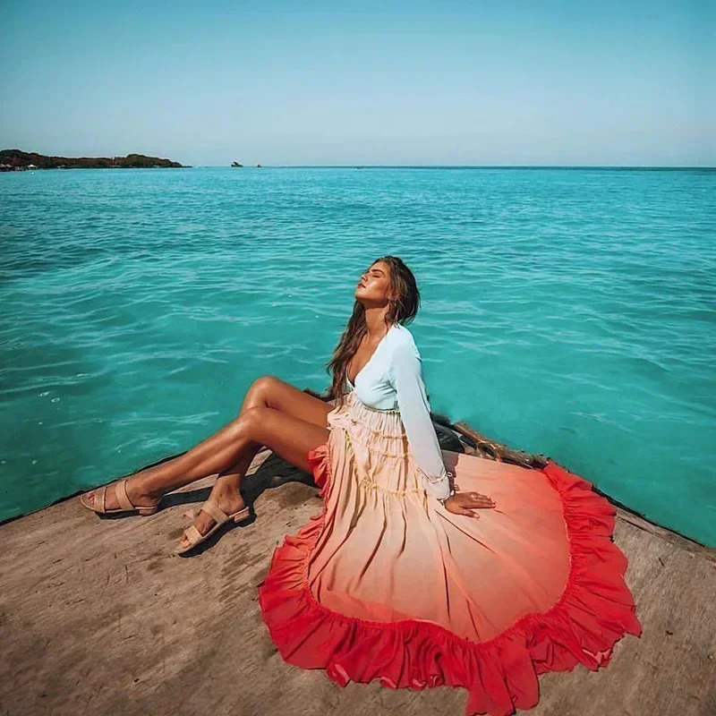 Womens Summer Bohemian Dress Printing Gradient Elegant Maxi Dress Patchwork Rainbow Color Party Dress Ruffles Sweet Vestidos 250322