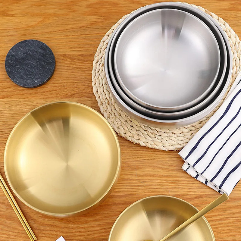 304 Stainless Steel Double Layer Cold Noodle Bowl Gold Silver Korean Style Anti-scald Large Salad Soup Bowls Kitchen Utensils 250314