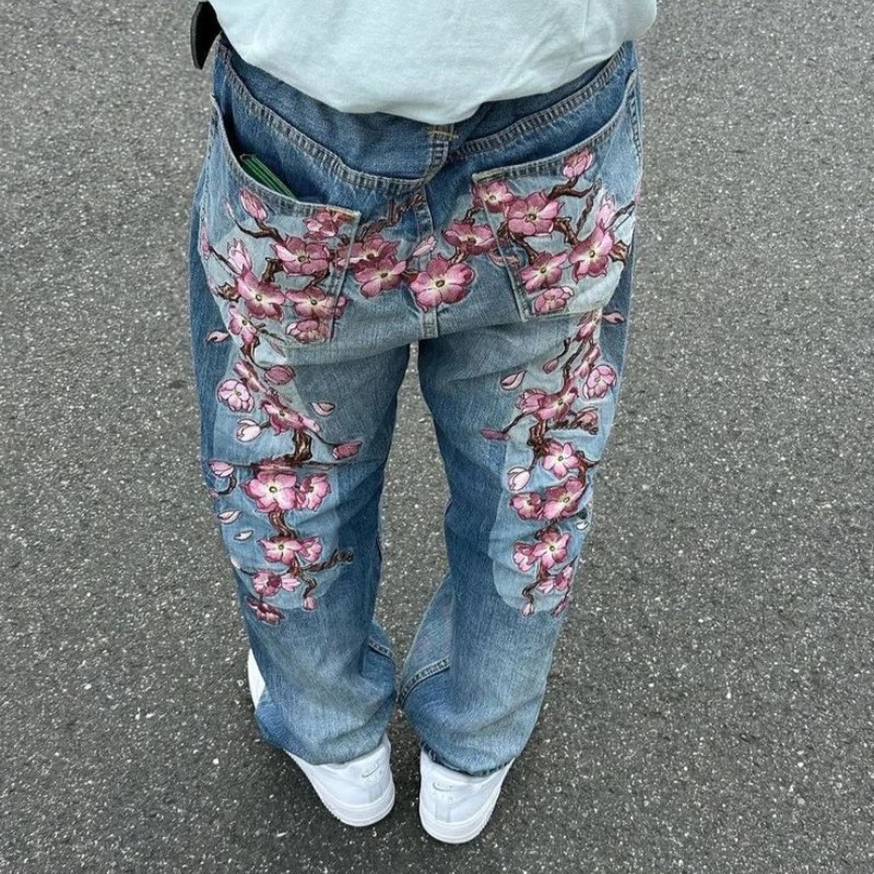 Harajuku pants men cherry blossom Embroidery Hip Hop y2k streetwear jeans men women Retro fashion Casual wide leg Denim Pants 250321