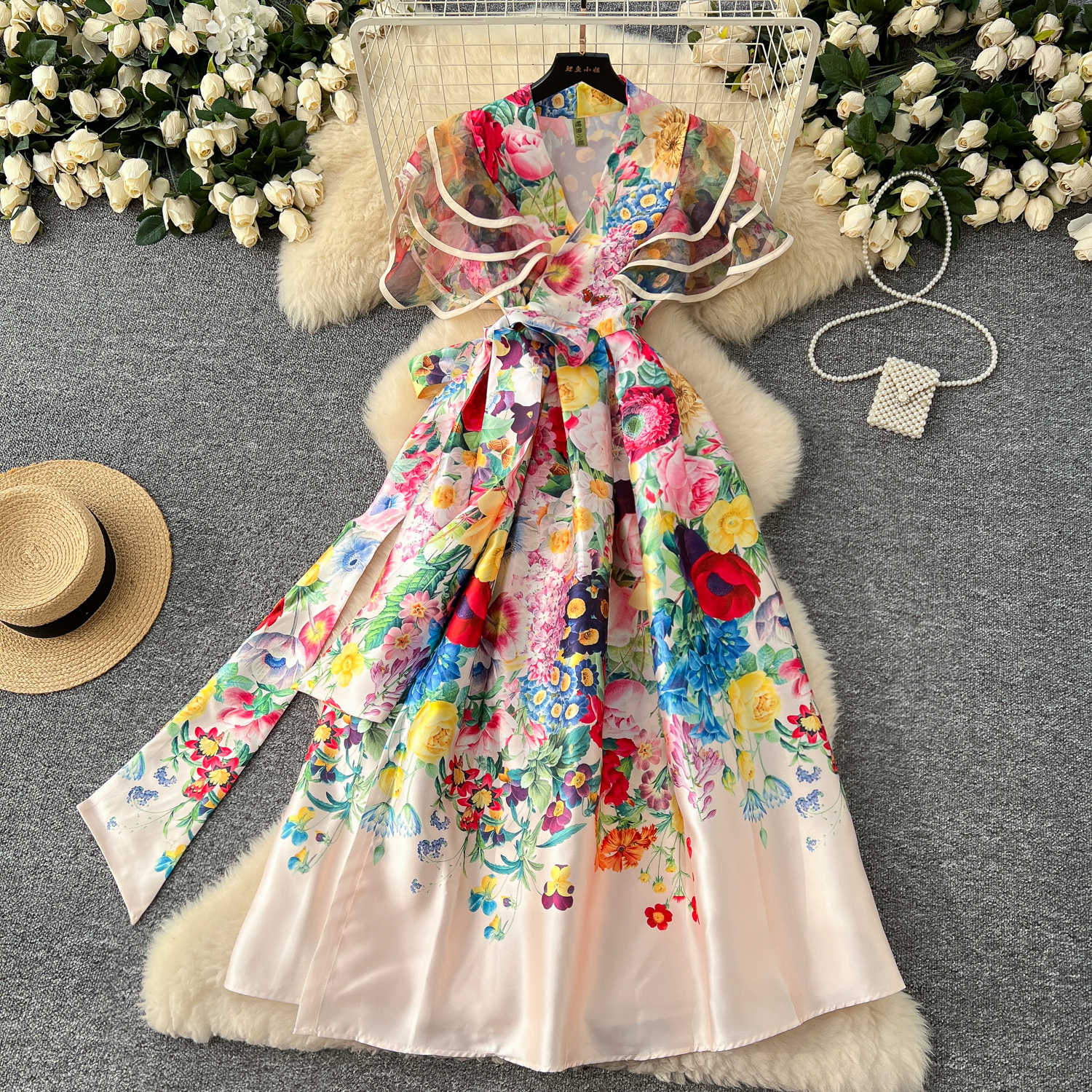 Casual Dresses Summer Summer Bohemian Gorgeous Flower Long Dress Women V-Neck Layer Mesh Sleeve Floral Print Bandage Lace Up Robe Vestidos Clothes 202