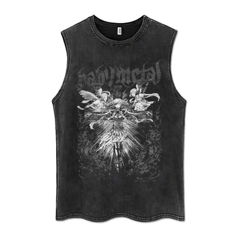 Retro wash vest hip-hop streetwear 100% pure cotton vest mens Gothic letter printed sleeveless Y2K punk rock summer T-shirt 250318