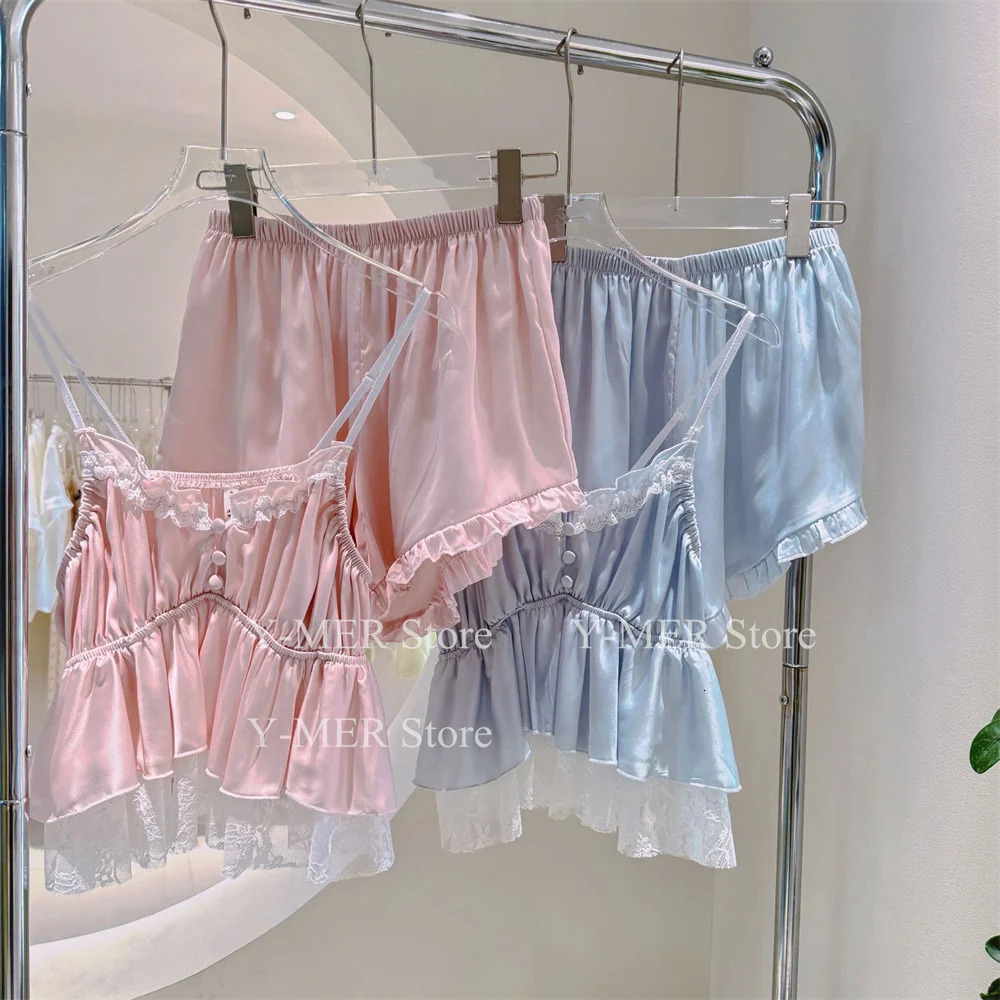 Blue Pajama Set Elegant Home Clothing Ice Silk Pajama Womens Loose Trouser Set Four Seasons Casual Clothing Sexy Lace Night Light 250321