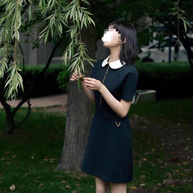 J32800 A5 Master Quality Short Sleeve Dress Women 2025 Summer Small French Temperament Commuter Waist Doll Collar A-line Midi Skirt