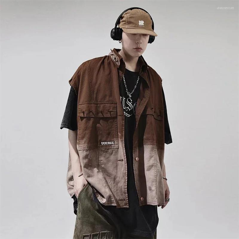 Men's Vests Vintage Denim Men Gradient Rivet Design Waistcoats Sleeveless Jackets Streetwear Punk American Hip Hop Unisex Coats