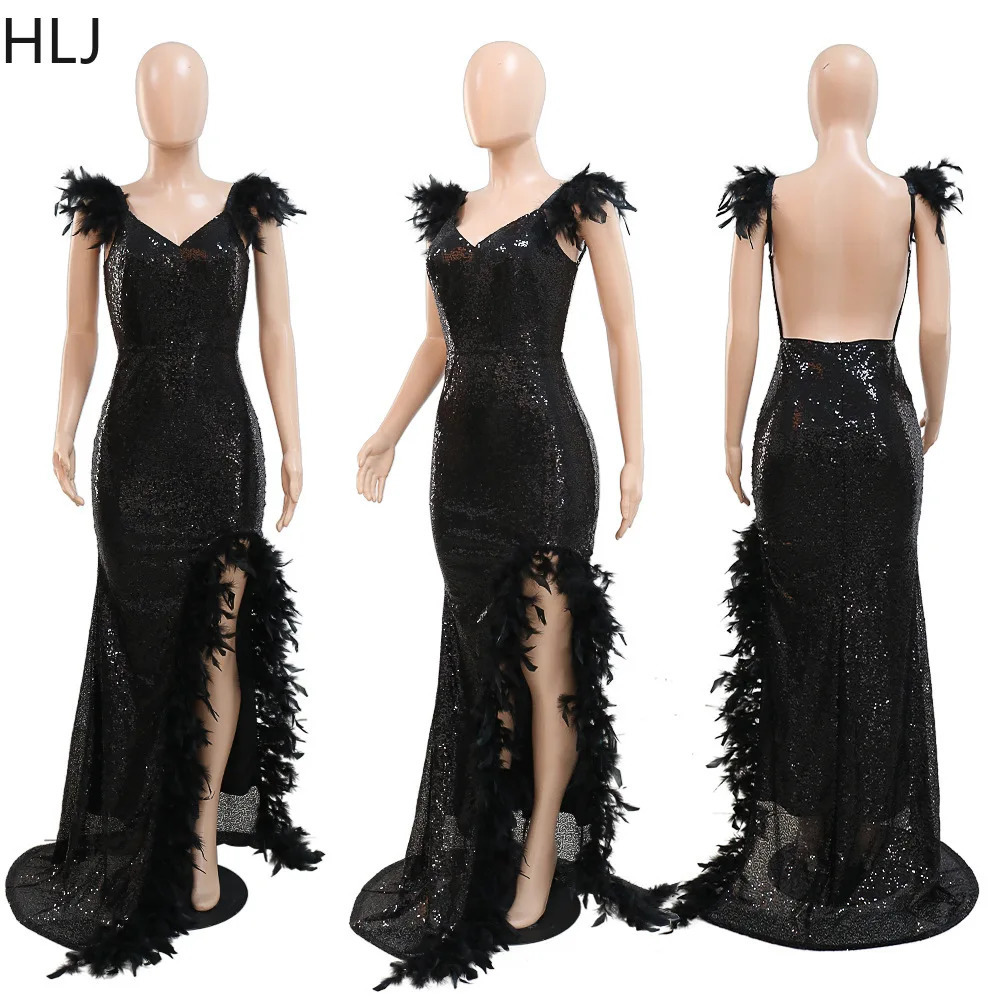 HLJ Sexy Night Club Formal Ball Dress Elegant Gold Glitter Feather Long Womens Backless High Seam Cocktail Party Vest 250320