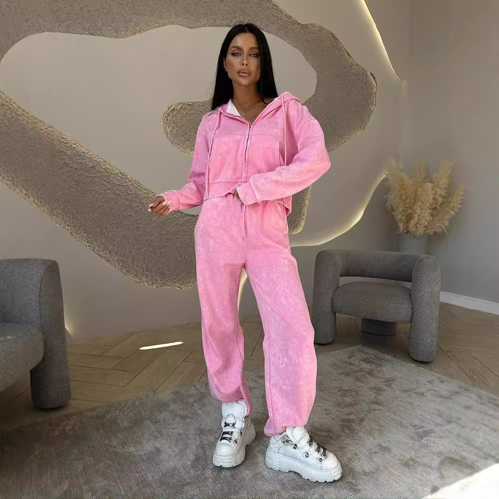 New vintage washed up hooded sweatshirt for women's high-end autumn straight leg pants solid color two-piece set