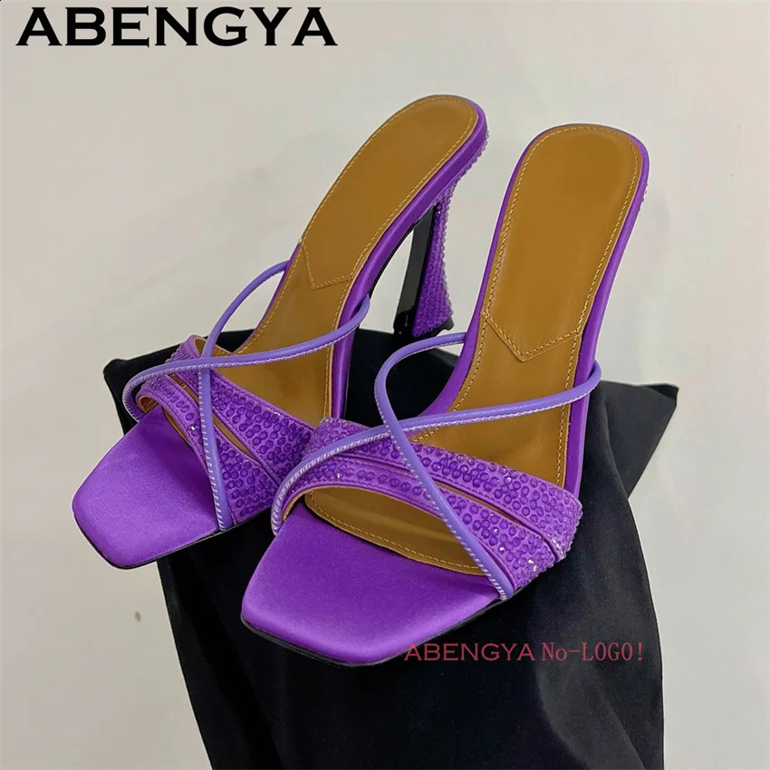ABENGYA 2025 Thin High Heels Mules Slippers Women Square Open Toe Satin Rhinestone Sandals Summer Sexy Dress Shoes Woman 250322