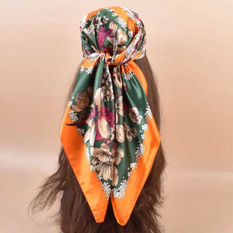 2025 New 90 * 90cm Silk Satin Hair Scarf with Hand print Fem Square Bandage Small Neck Muffler Headscarf for Women X250324