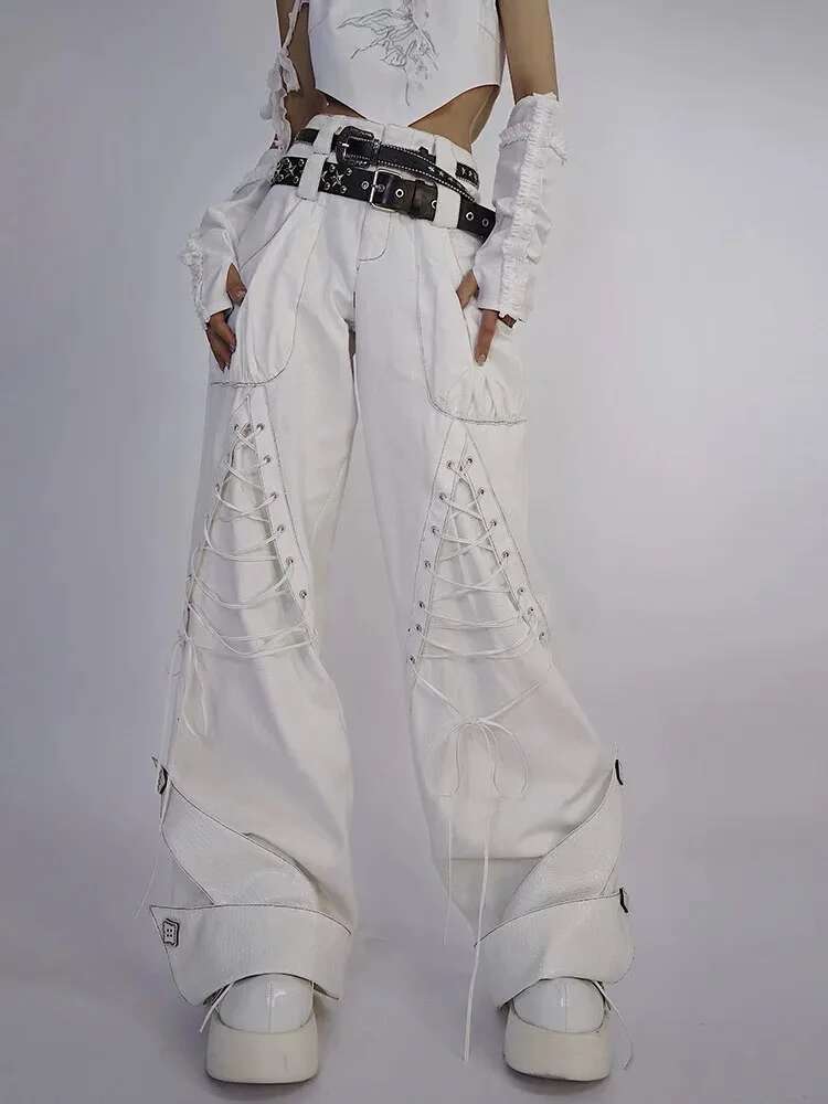 Women's White Y2k Japanese Haruku High Waist Streetwear Aesthetic 2000S Loose Wide Leg Retro Pants Jeans Emo Clothing