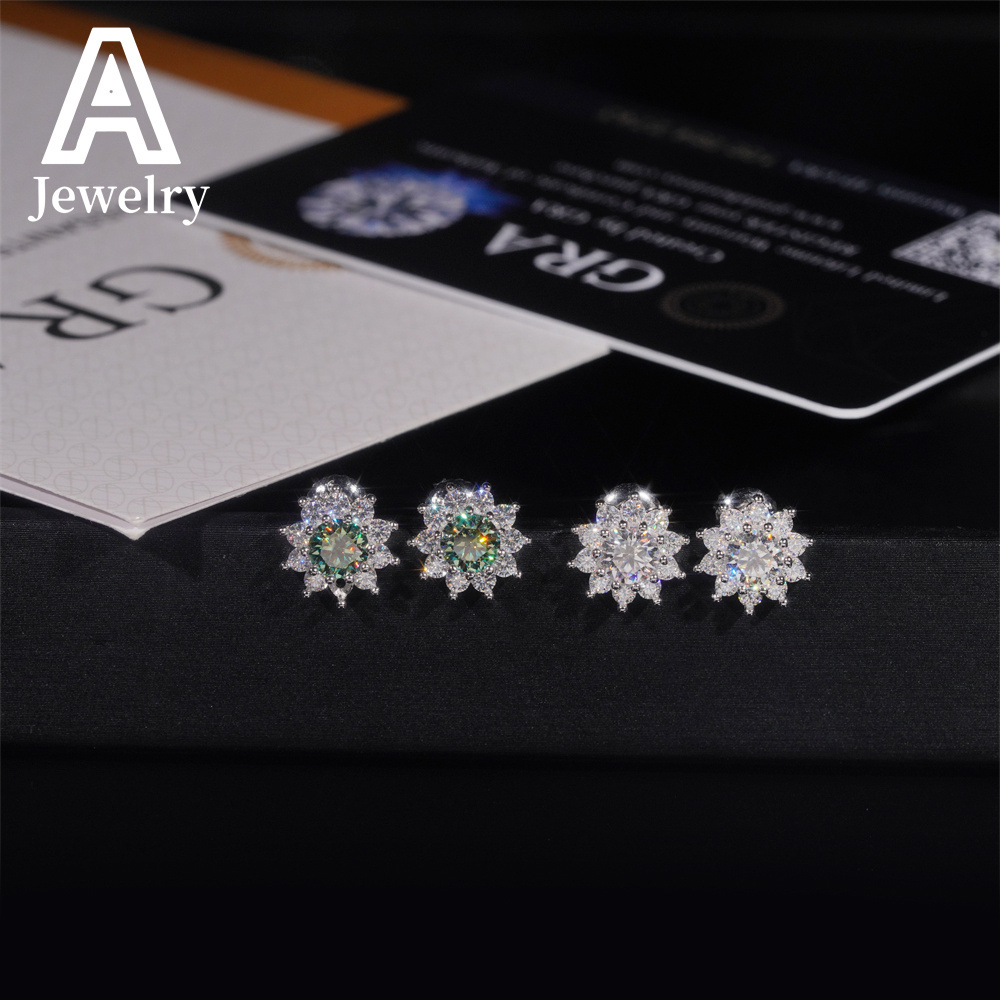 Pass Diamond Tester Fashionable Luxurious Sun Flower Earrings 925 Silver Cluster Blue Green Moissanite Stud Earrings