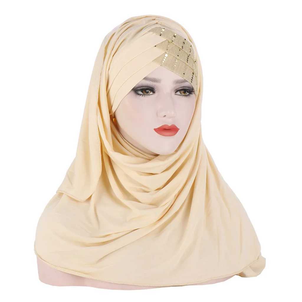 2024 Muslim cotton scarf plain weave headscarf with beads for shaving and wrapping female Muslim headscarf ready to wear headscarf X250324