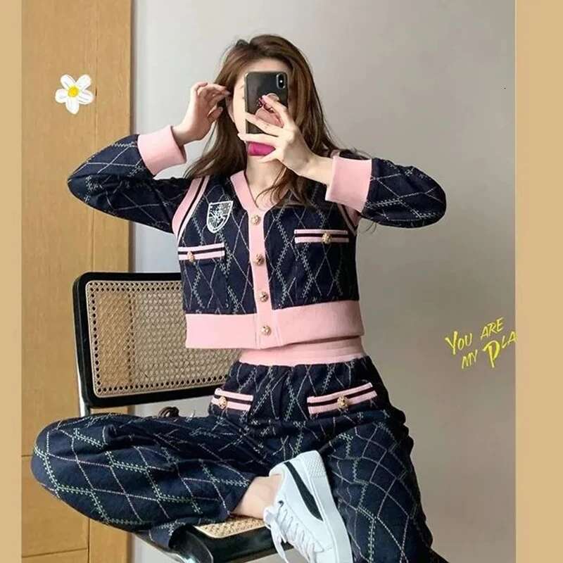 Women Knitted 2 Piece Sets Korean Single Breasted Knitwears Cropped Sweater Tops Outfit Casual High Waist Straight Pants Suit