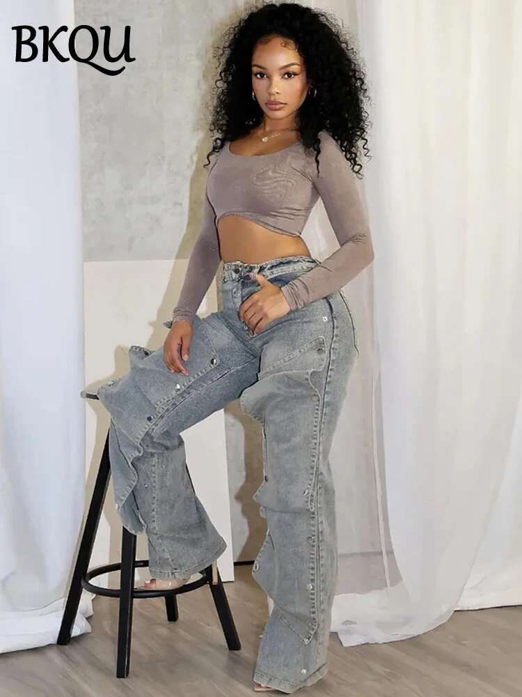 BKQU Fashion Straight Jeans Women's Detachable Button Decoration Denim Wide Leg Pants High Waist Y2k Hipster Streetwear Bottoms