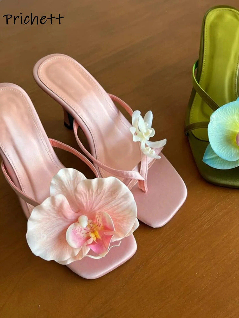 Moth Orchid Flip Flops Slippers Satin Asymmetric Square Toe Slip On Thin Heels Sandals Womens Lovey Elegant Outdoor Dress Shoes 250322