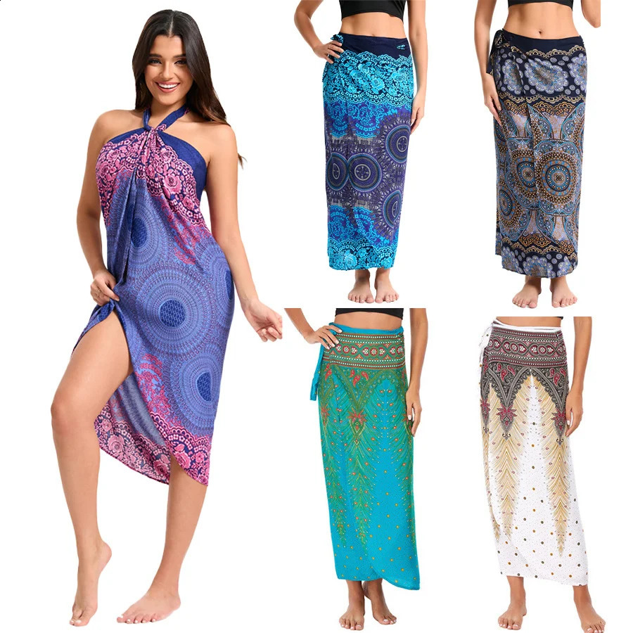 Womens Bohemian Maxi bag long sleeved lace up beach cover dress retro adjustable high waisted holiday synthetic silk 250324